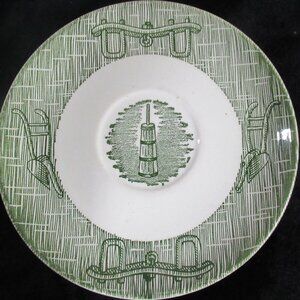 Currier and Ives Green and White Saucer Butter Churn Lot of 3 Saucer *FLAWED*